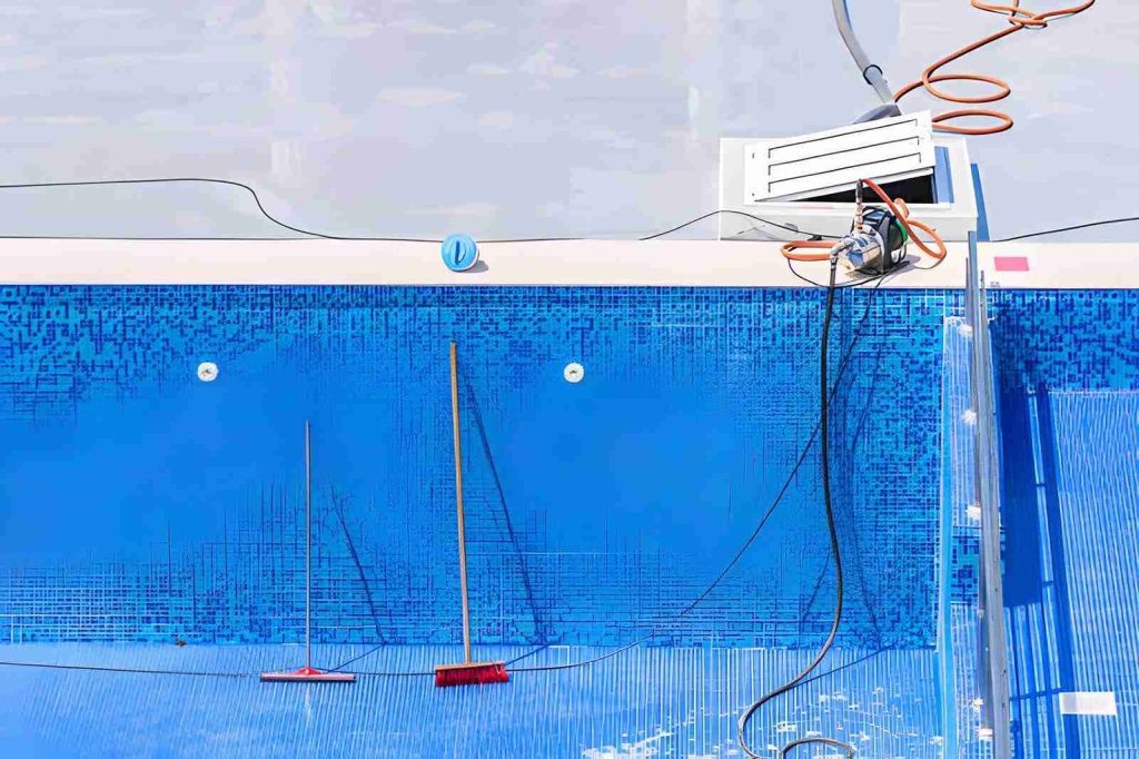 Pool remodeling Hobe Sound renovation with mosaic tiles, cleaning tools, and hoses during remodeling process