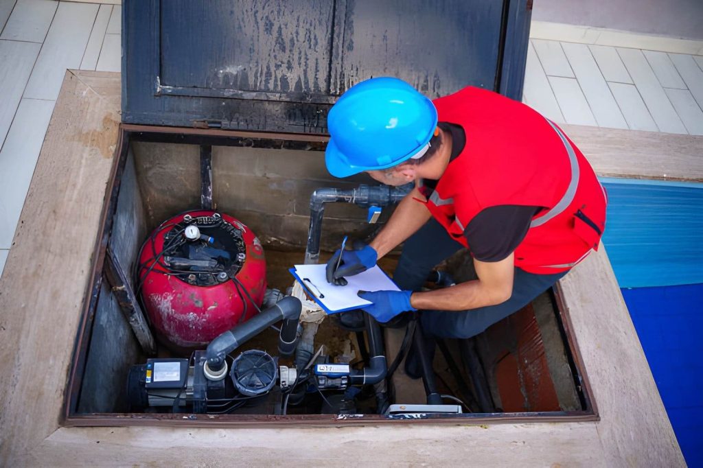Pool maintenance Stuart FL professional inspecting pump assembly, pressure tank, and PVC piping with clipboard