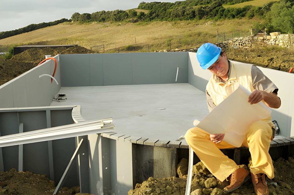 Pool renovation Stuart contractor reviewing construction plans beside unfinished swimming pool renovation project.