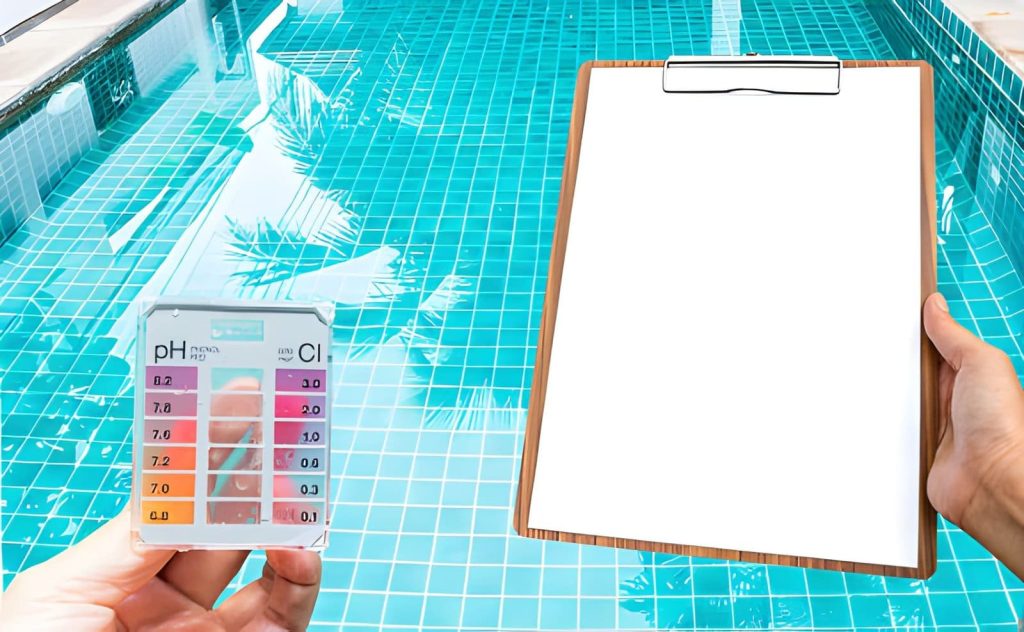 Pool cleaning and maintenance service Jensen Beach technician holding a water chemical test kit and inspection clipboard next to a swimming pool.