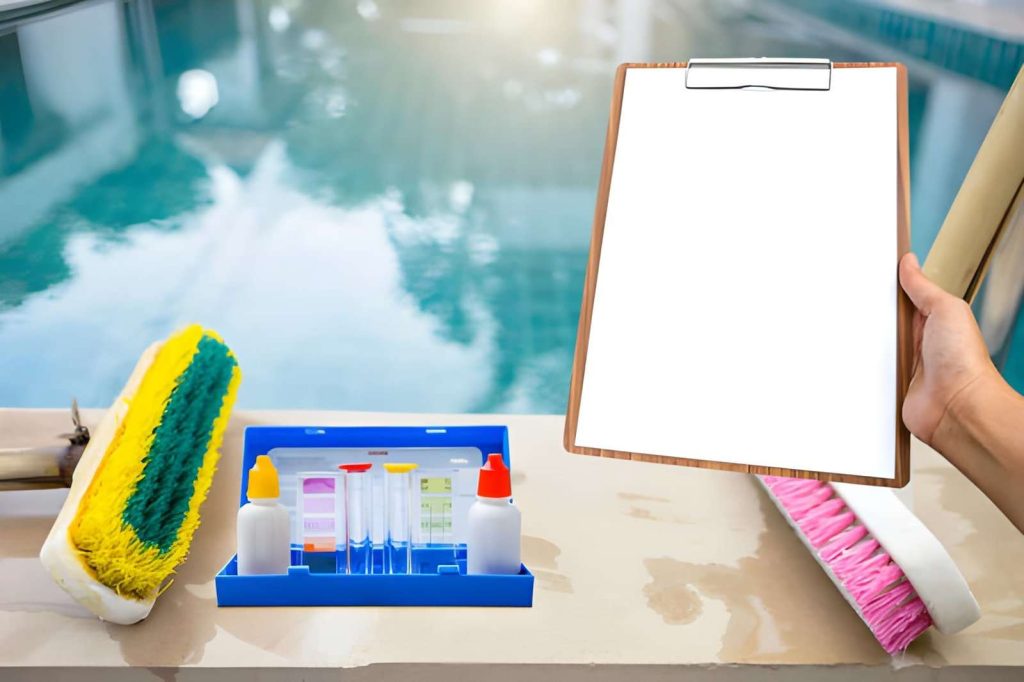 Pool maintenance South Florida water testing kit, scrub brushes, and a blank clipboard checklist by the poolside.