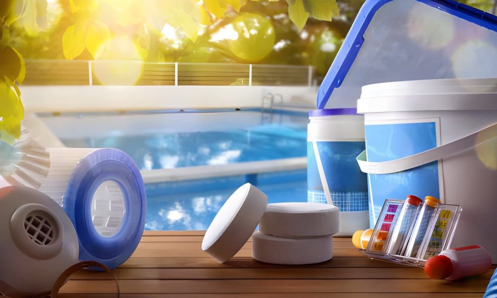 Cleaning pool service Jensen Beach supplies including chlorine tablets, filter cartridge, dispenser, and water testing kit near pool.