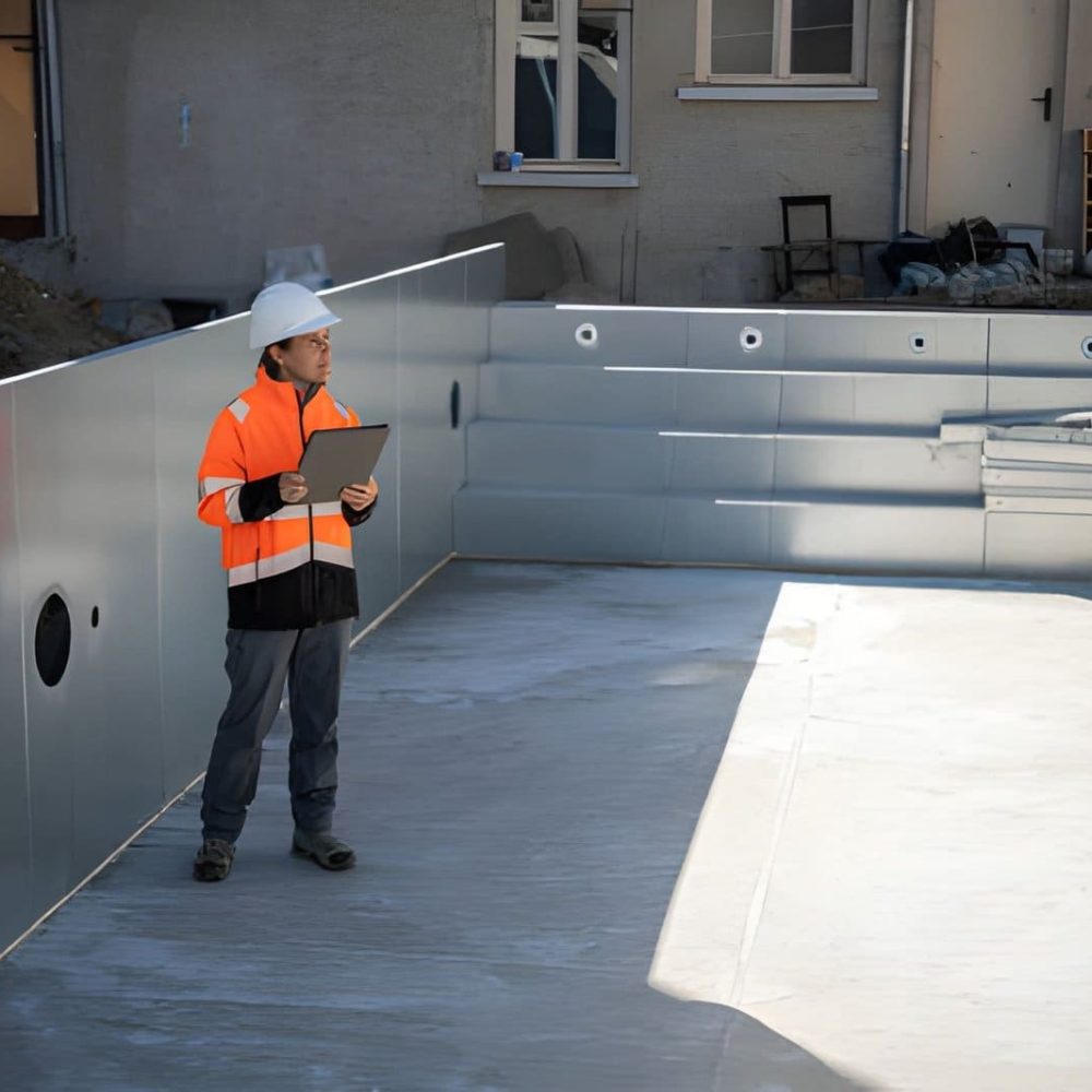 Hobe Sound Pool Service technician in safety gear inspecting unfinished pool construction with tablet.