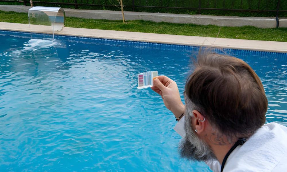 Pool cleaning and maintenance service Jensen Beach technician examining water test kit levels beside an outdoor swimming pool with a waterfall feature.