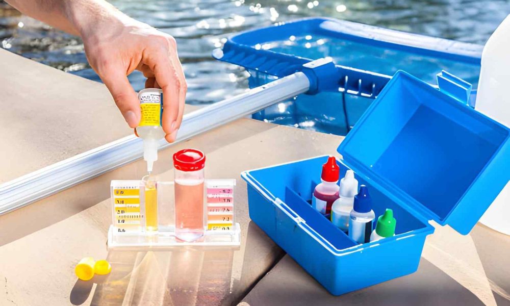 Pool cleaning and maintenance service Jensen Beach water testing kit with reagent drops and color chart for chlorine and pH levels