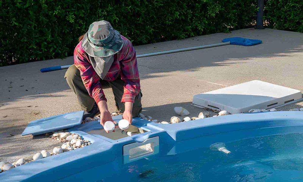 Pool cleaning service Stuart FL worker testing water quality beside residential swimming pool.