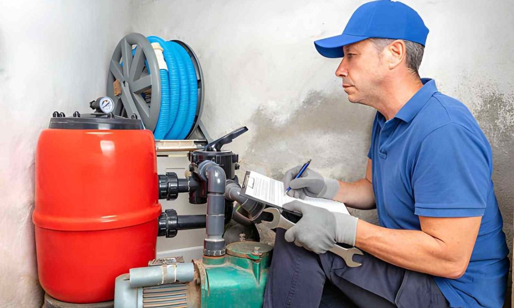 Pool maintenance South Florida technician in a blue cap inspecting a pool filter pump and writing on a clipboard.