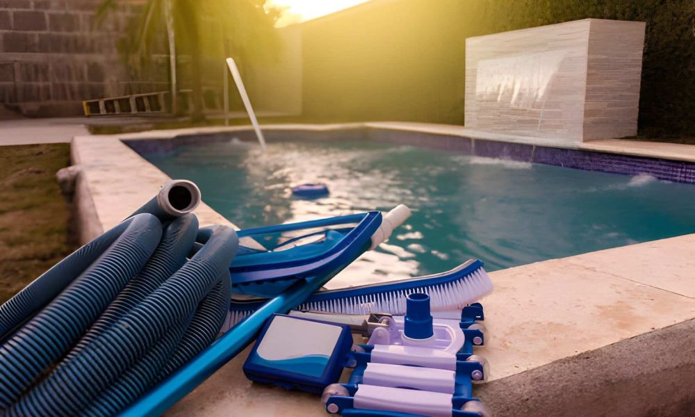 Pool maintenance Stuart FL tools including hose, skimmer net, and vacuum head beside clean pool at sunset