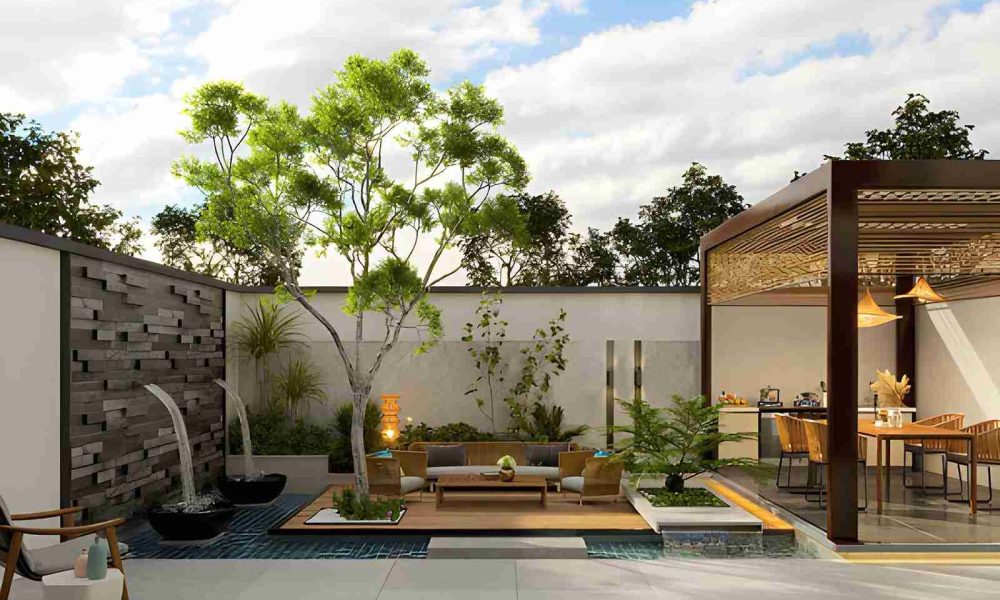 Pool remodeling Hobe Sound modern patio with wooden deck, water fountains, and shallow tiled pool feature