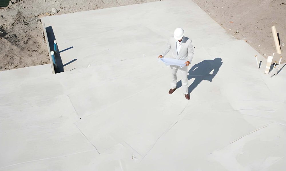 Pool renovation Stuart contractor reviewing blueprints at unfinished swimming pool foundation during renovation project.