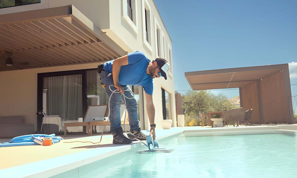 Pool service Stuart technician using modern pool-cleaning robot beside residential swimming pool.