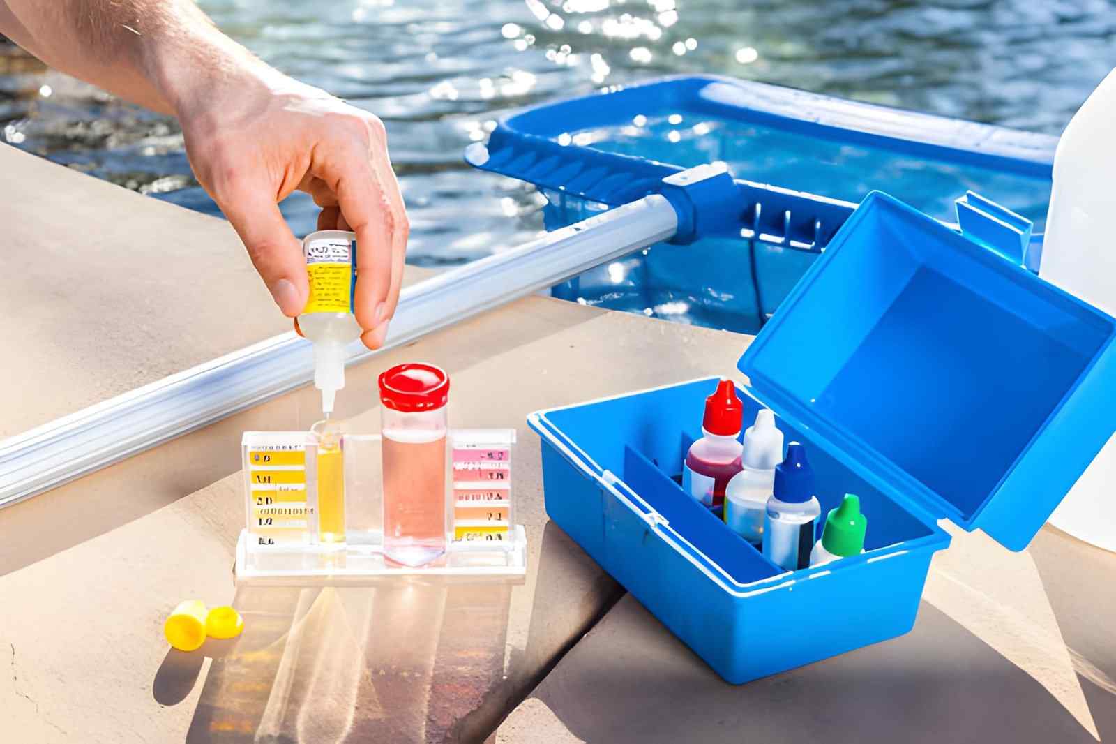 Pool cleaning and maintenance service Jensen Beach water testing kit with reagent drops and color chart for chlorine and pH levels