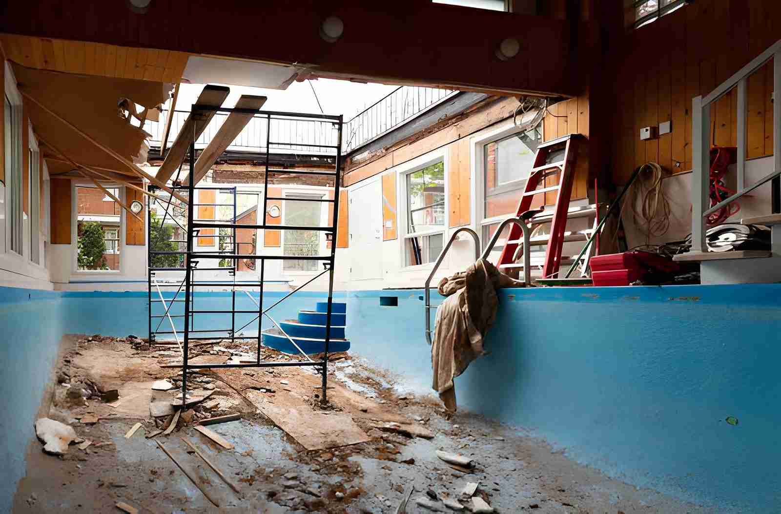 Pool remodeling Hobe Sound indoor renovation with scaffold, broken tiles, and construction materials