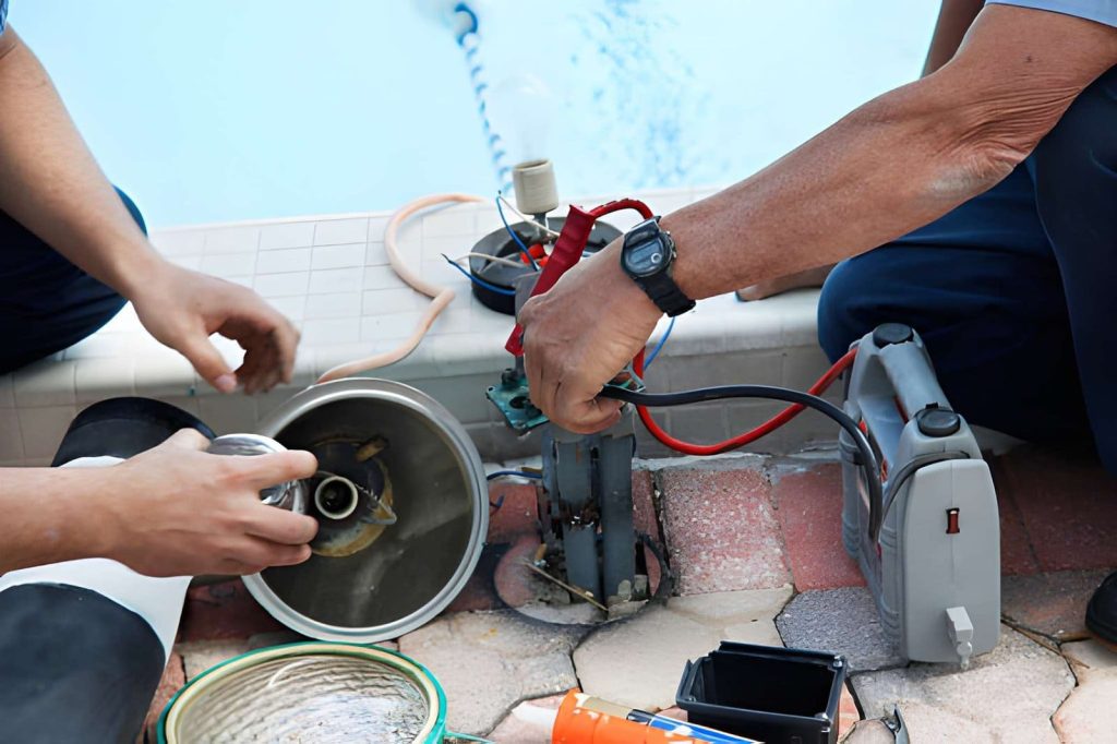 Hobe Sound pool repair professionals working on poolside electrical lighting with wires, connectors, and tools