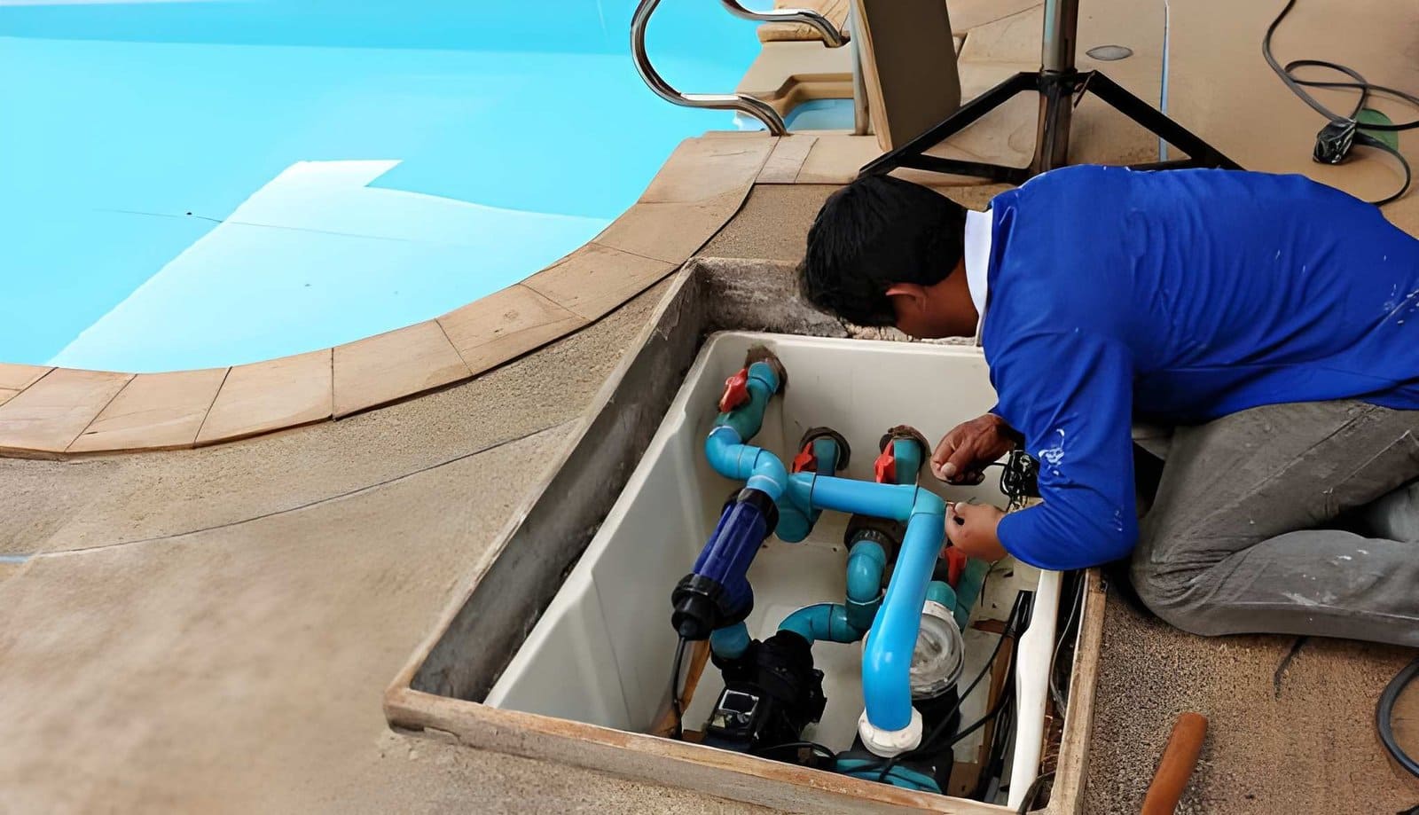 Hobe Sound pool repair professional working on pool plumbing system with PVC pipes, red valves, and pump