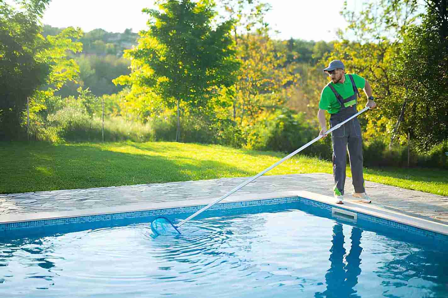 Pool cleaning service Port St Lucie professional skimming pool surface with net pole in sunny backyard