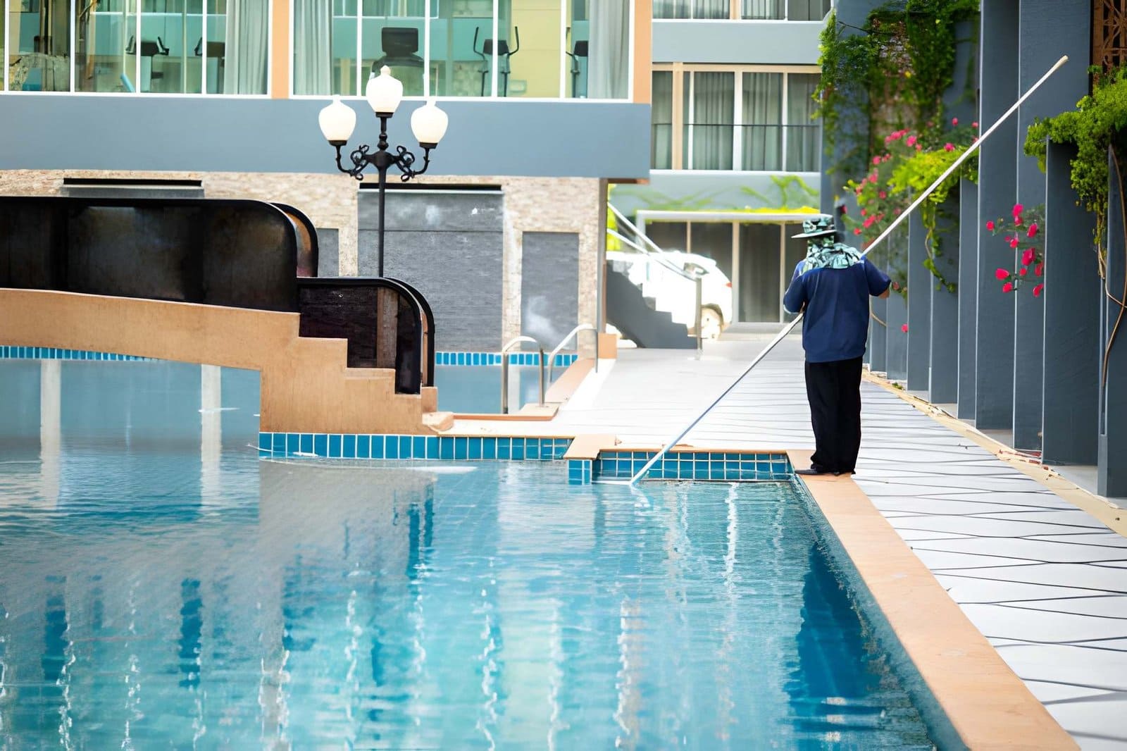 Pool maintenance Stuart FL professional cleaning clear blue pool with long pole net in modern apartment complex
