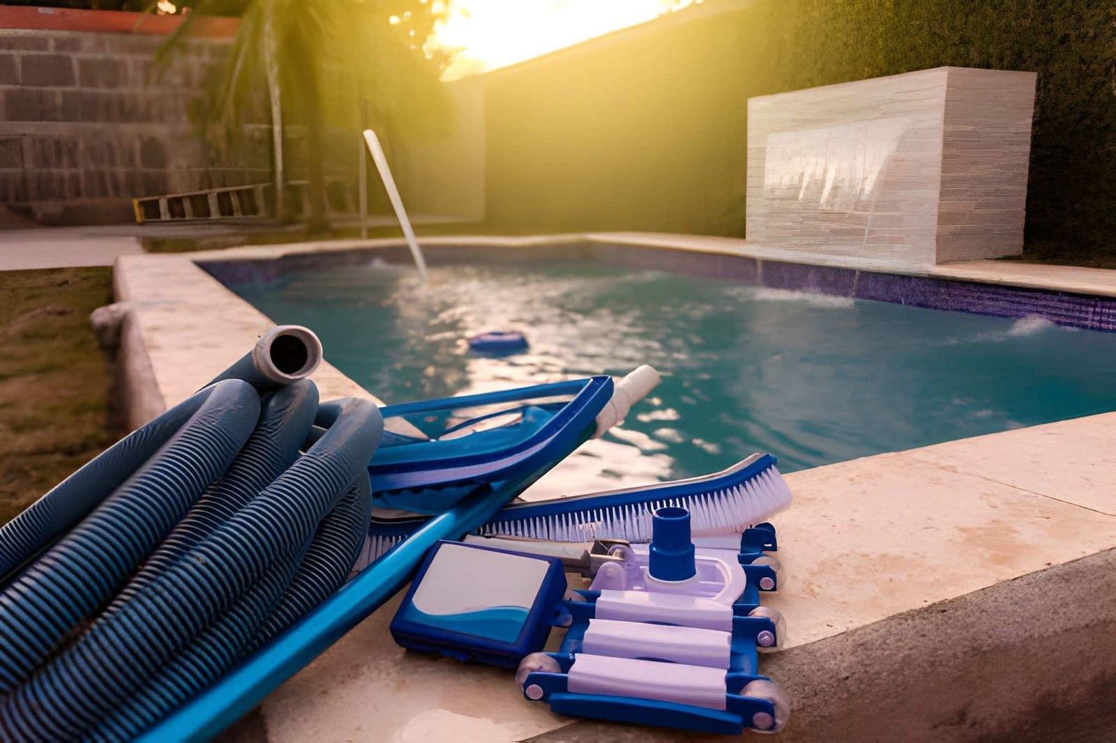 Pool maintenance Stuart FL tools including hose, skimmer net, and vacuum head beside clean pool at sunset