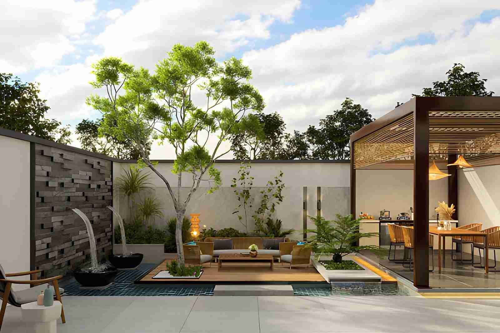 Pool remodeling Hobe Sound modern patio with wooden deck, water fountains, and shallow tiled pool feature