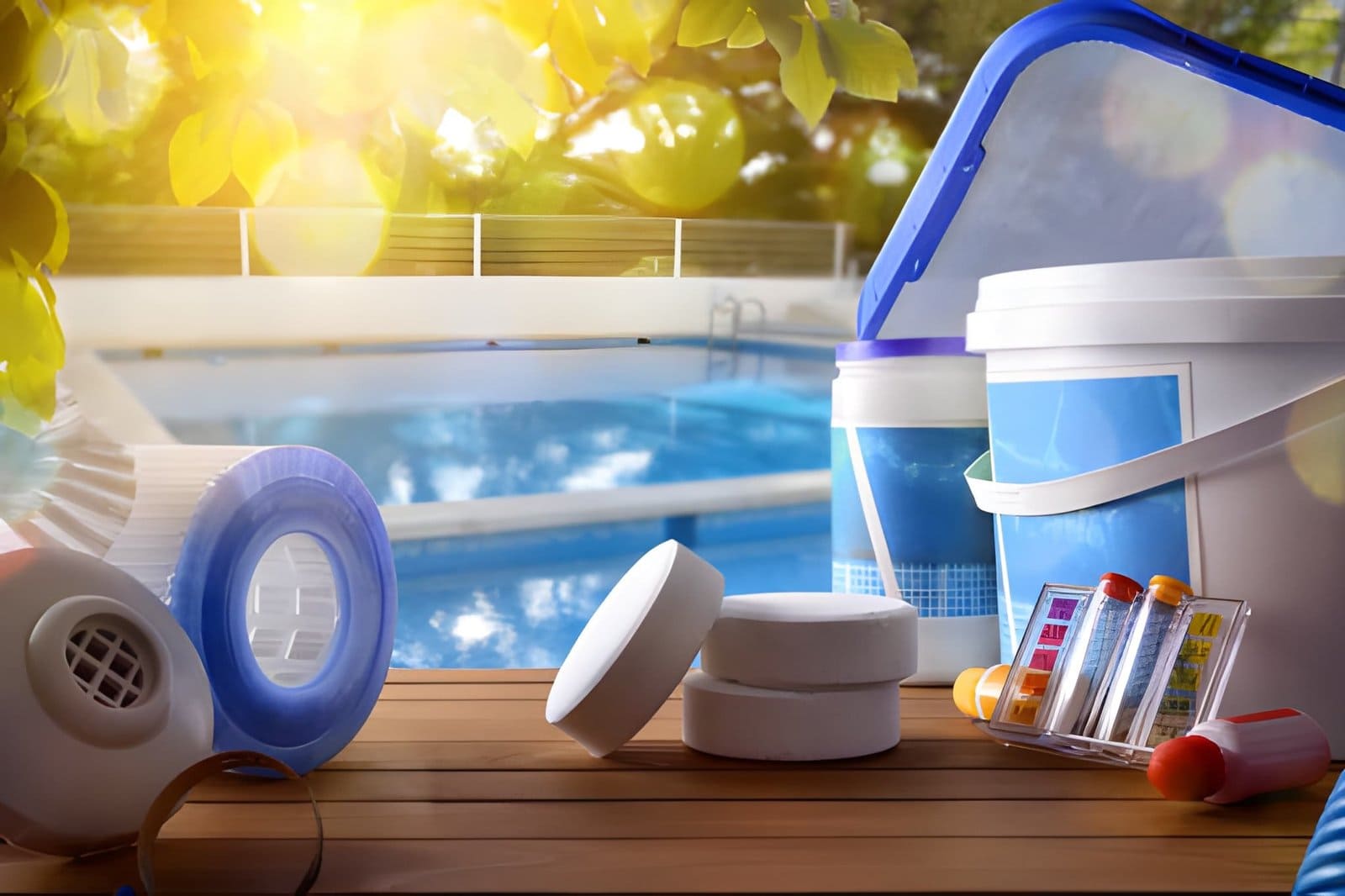 Cleaning pool service Jensen Beach supplies including chlorine tablets, filter cartridge, dispenser, and water testing kit near pool.