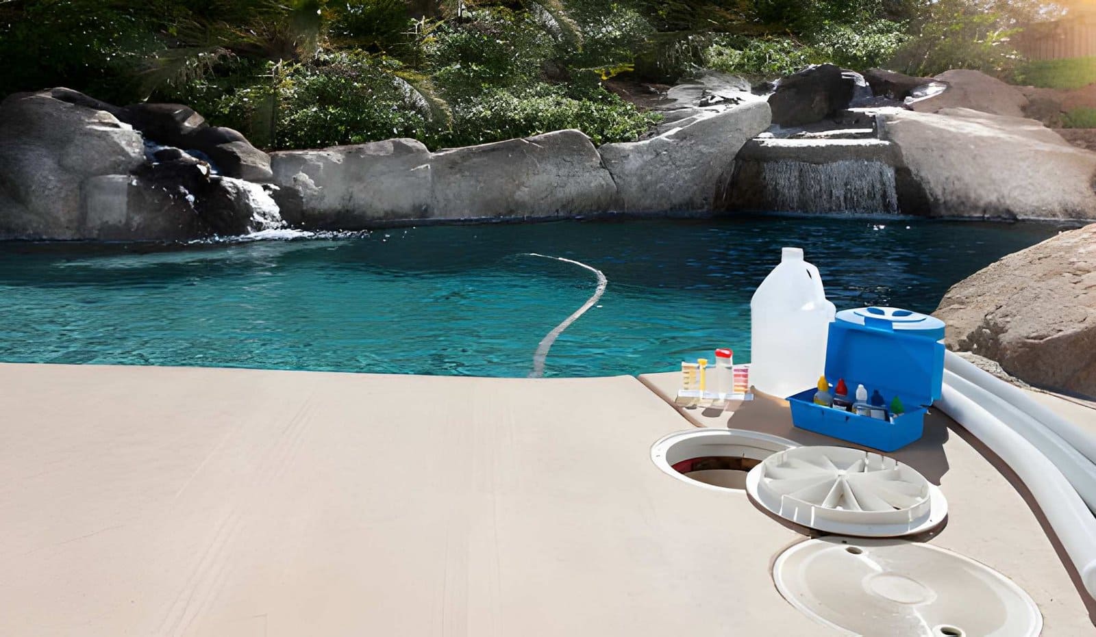 Pool cleaning and maintenance service Jensen Beach professional water testing kit with chemicals beside pool and waterfall feature