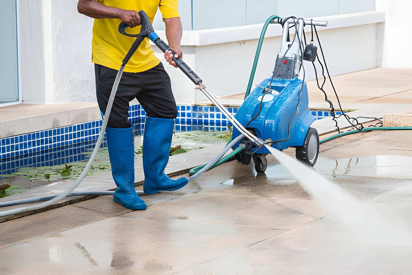 Pool cleaning service Stuart FL professional using pressure washer to clean outdoor tiled poolside area.
