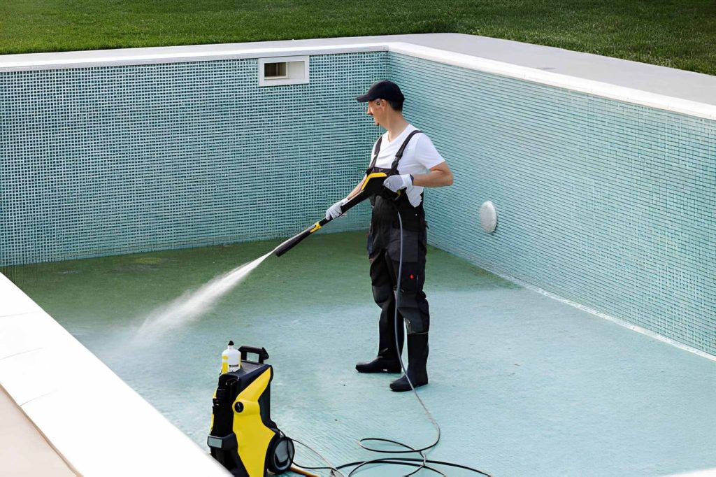 Pool cleaning service Stuart FL professional using pressure washer to clean empty tiled swimming pool.