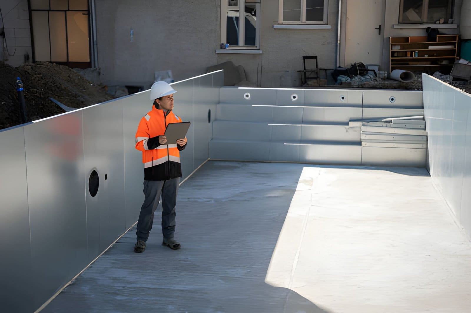 Hobe Sound Pool Service technician in safety gear inspecting unfinished pool construction with tablet.