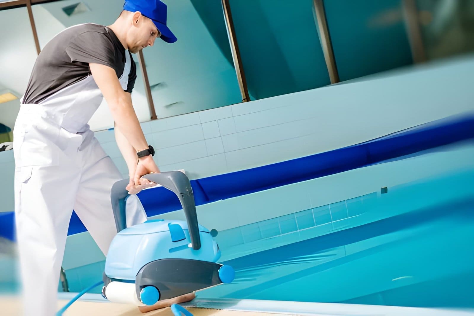 Hobe Sound Pool Service technician operating robotic pool cleaner at residential swimming pool.