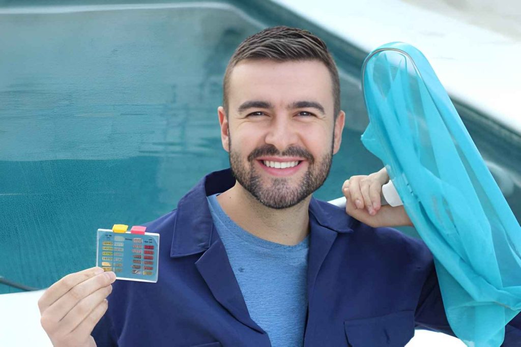 Pool maintenance Port St Lucie technician testing water quality with kit and skimmer beside clear blue pool.