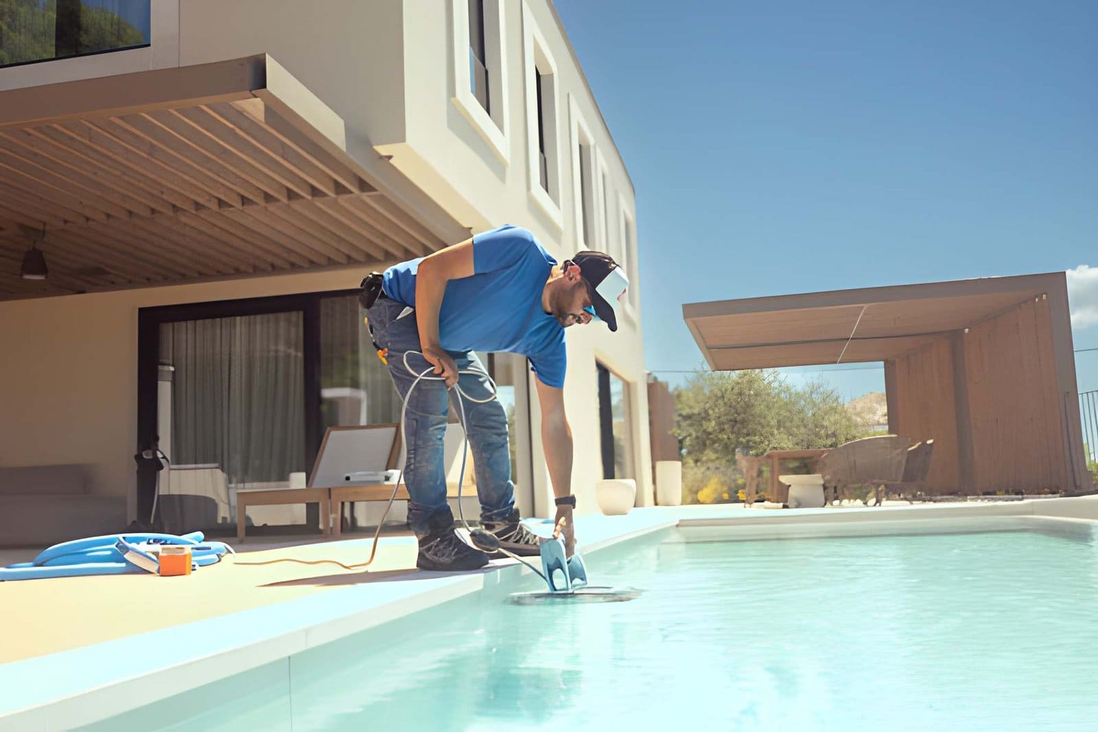Pool service Stuart technician using modern pool-cleaning robot beside residential swimming pool.