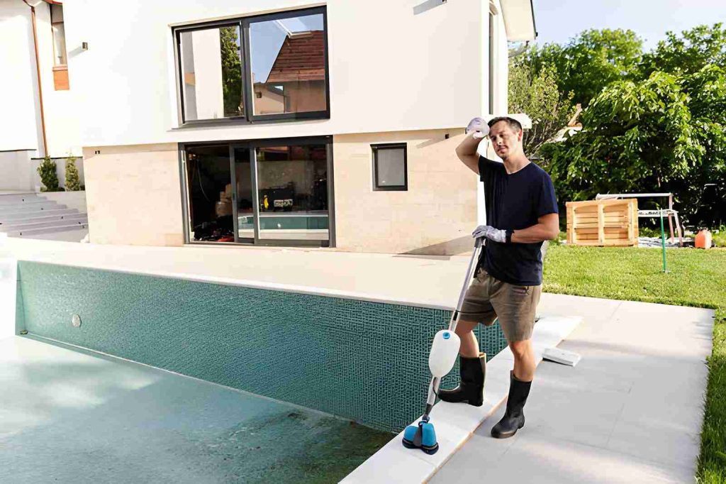 Pool service Stuart technician cleaning empty residential swimming pool with long-handled device.