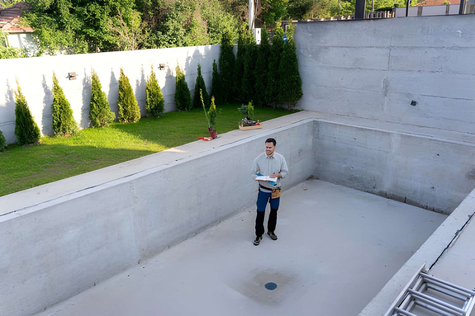 Pool Contractors Port St Lucie FL inspector reviewing blueprints inside unfinished concrete swimming pool.