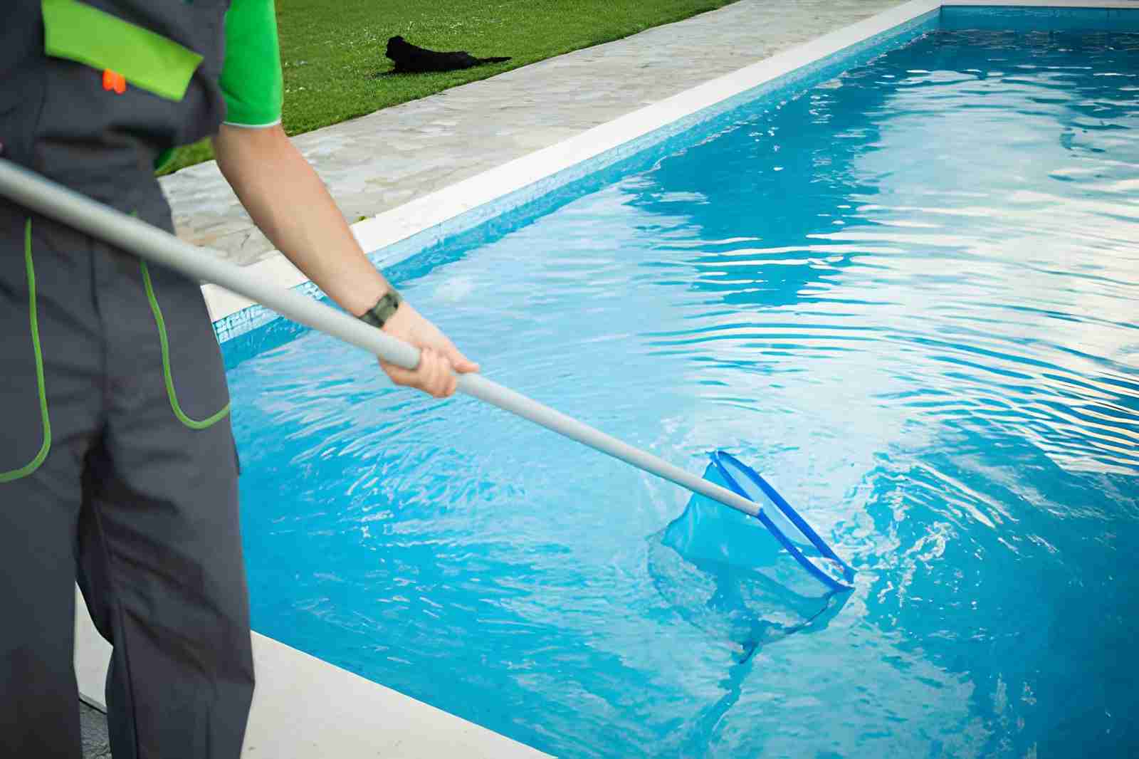 Hobe Sound pool service worker using a blue skimmer net to clear debris from a clear swimming pool.