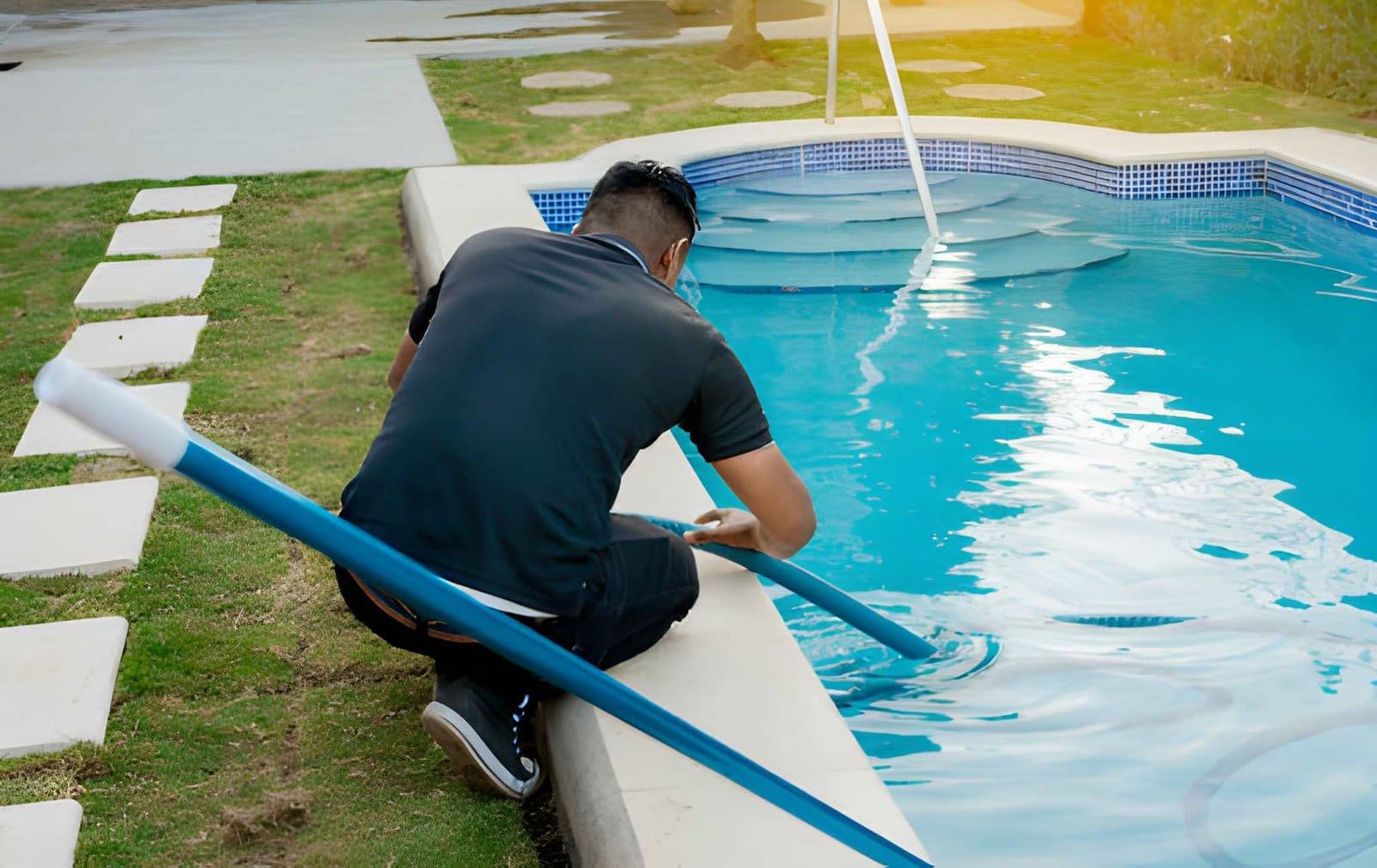 Pool maintenance South Florida worker vacuuming swimming pool with long pole and hose.